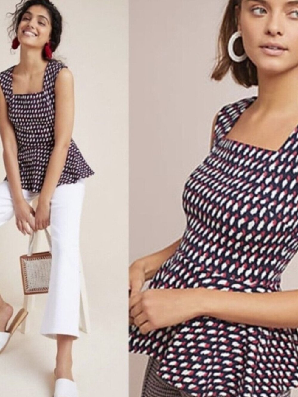 Eri + Ali Anthropologie Sleeveless Square Neck Peplum Top Blouse Red Navy White